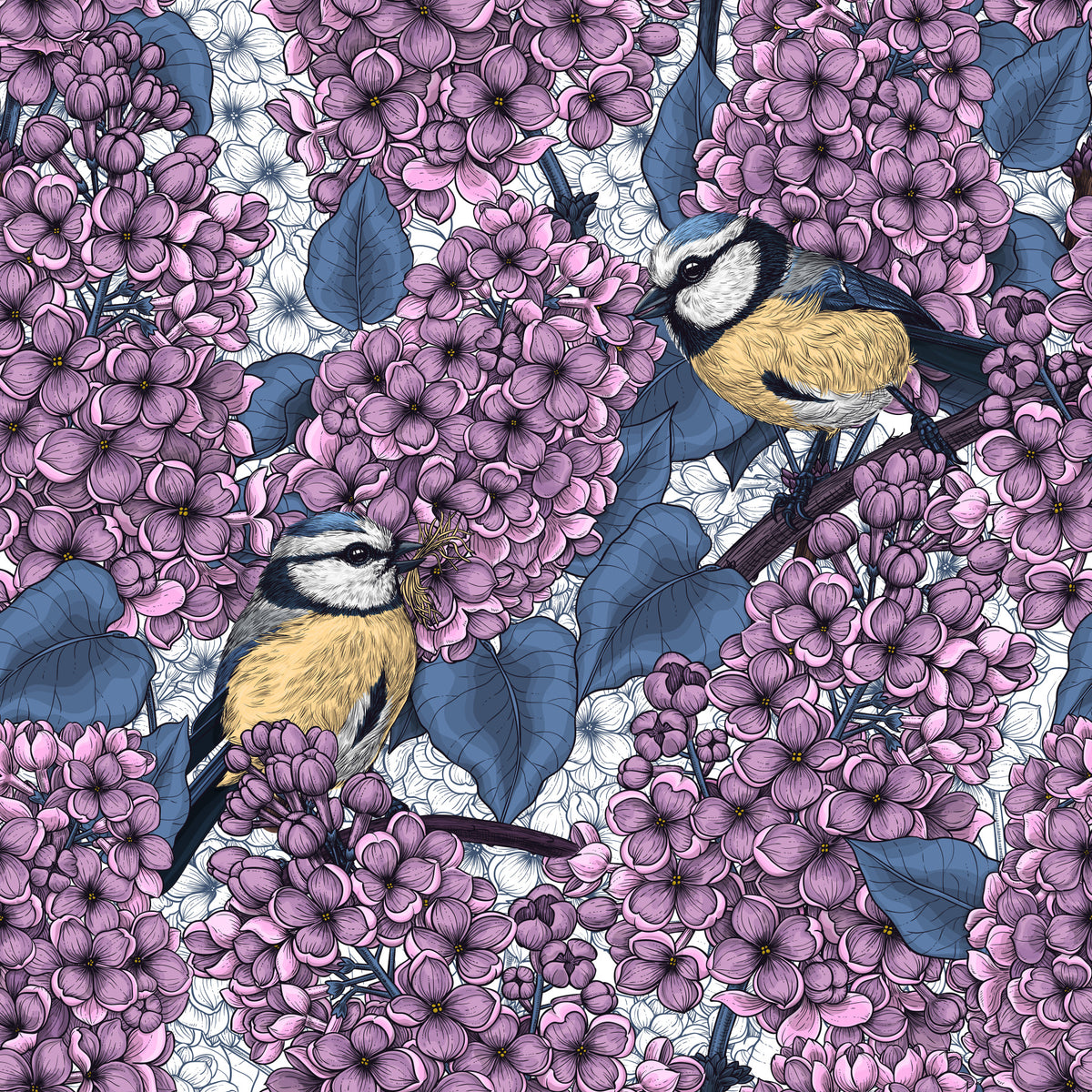 Birds in violet lilac garden  Wallpaper⁠ in your room — zoomed