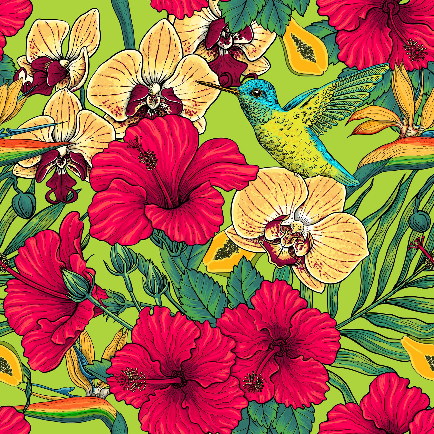 Tropical Florals and Hummingbird - Summer Botanical Garden Wallpaper⁠