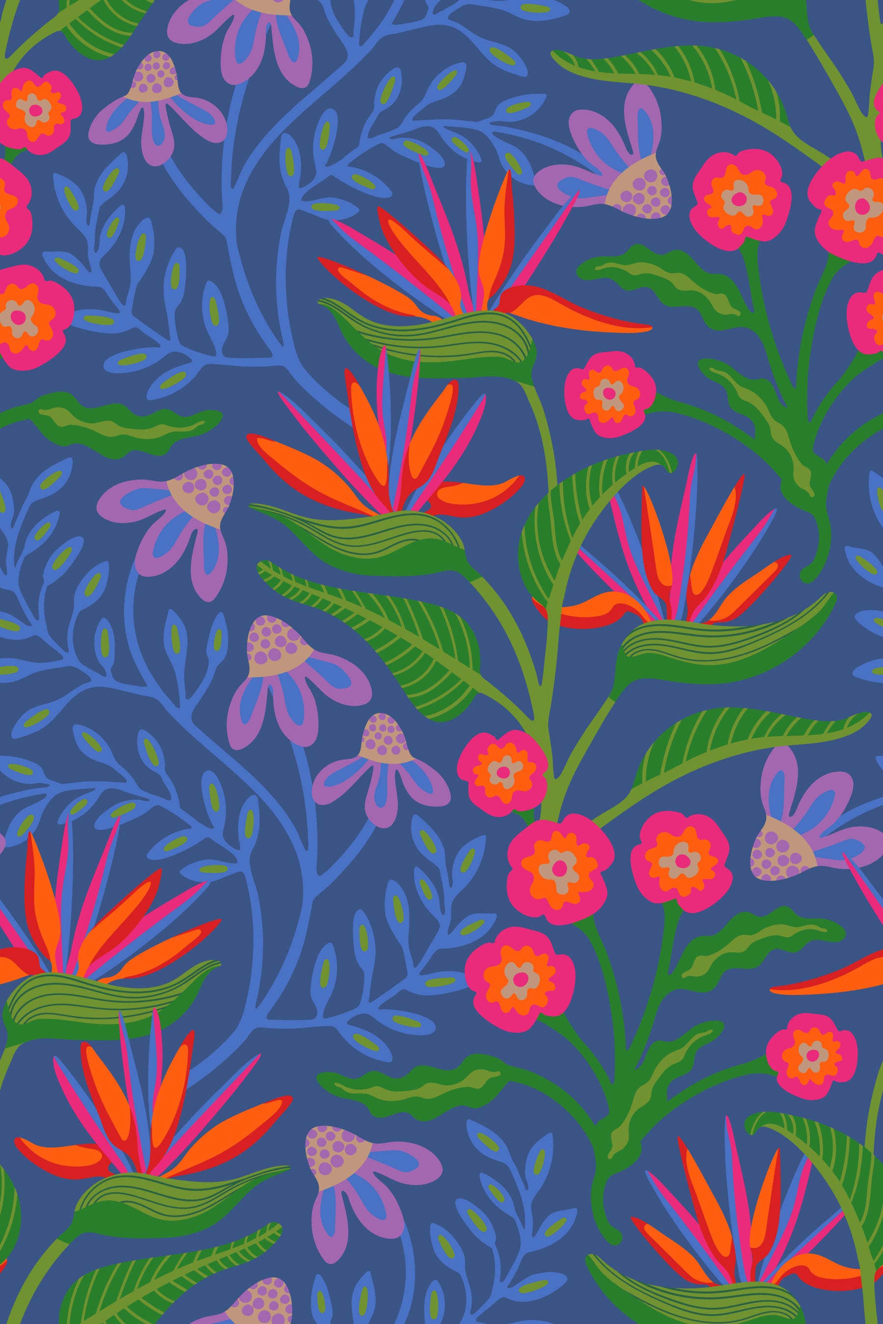 Papier peint tropical enchevêtré avec oiseau de paradis floral fuchsia rose bleu