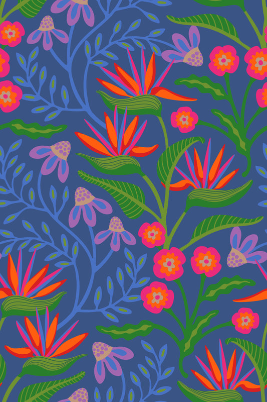 Tropisk Tangle Blomster Paradisfugl Fuchsia Pink Blå Tapet⁠