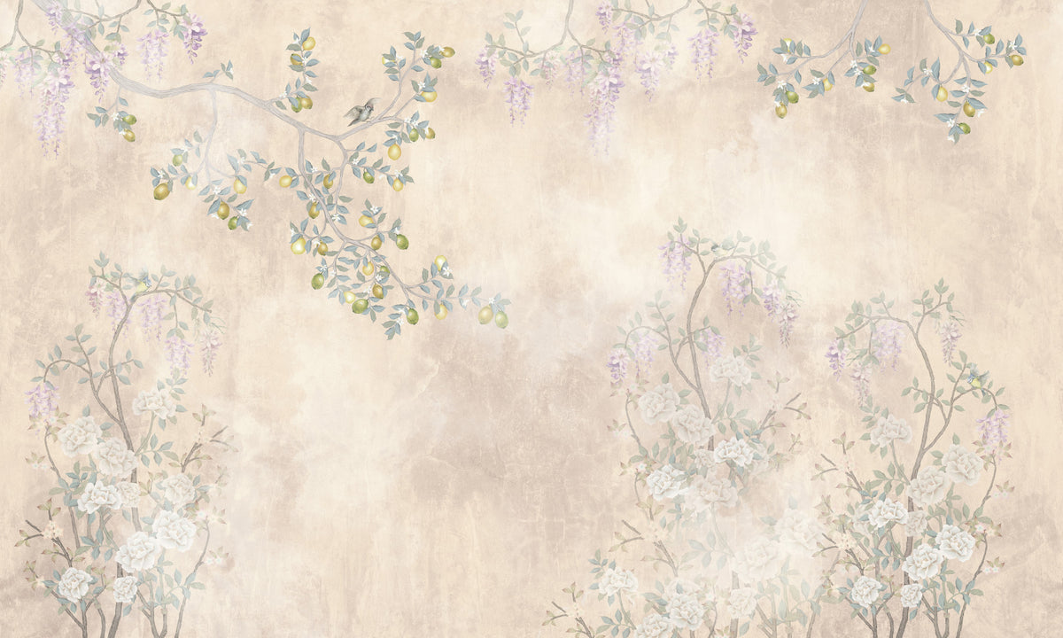 Serenity Cream Wandmuur met Blauweregen en Citroenbloesem in your room
