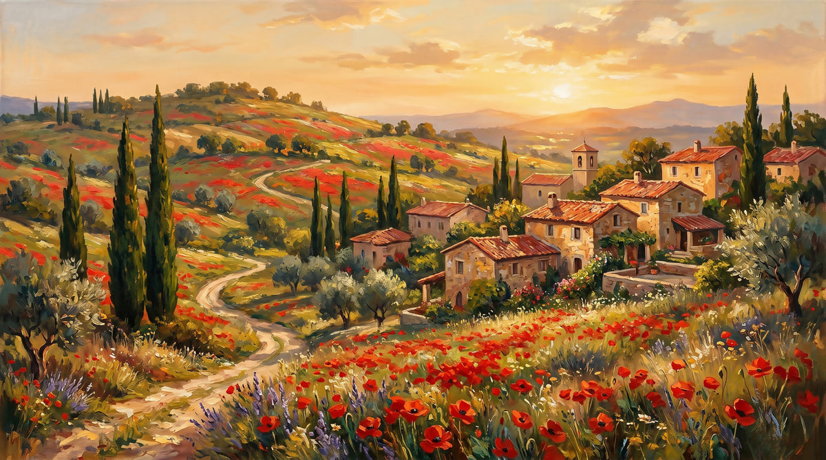 Fresque murale Village coquelicot toscan au crépuscule in your room