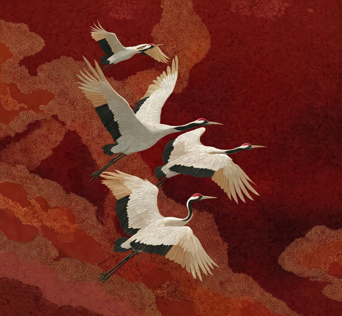 Papel de Parede Mural Dança do Grou no Céu Carmesim