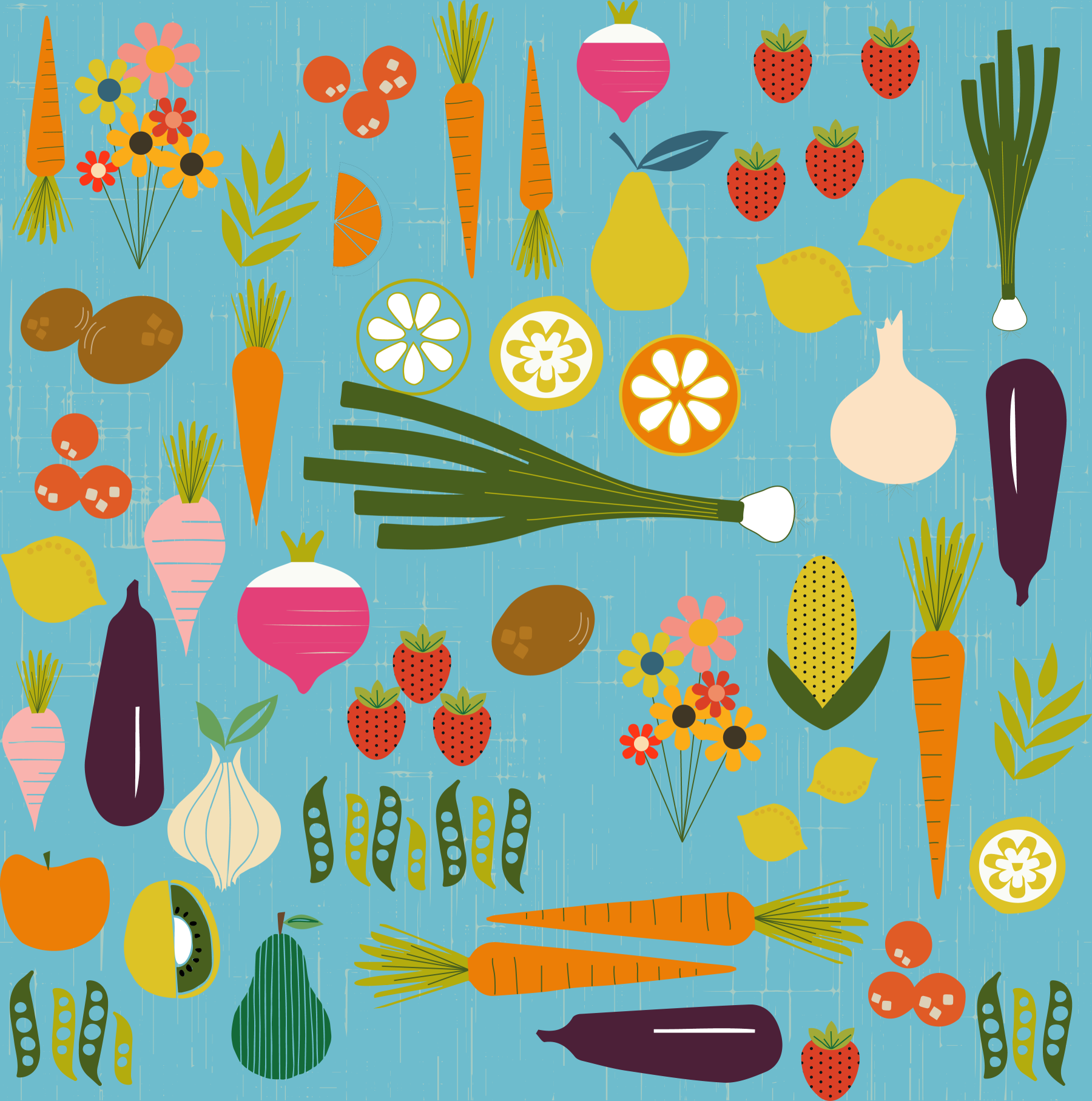 Papel tapiz Blue Veggie para cocina de estilo moderno de mediados de siglo