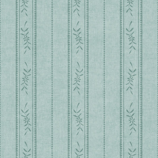 Carta da parati vintage a righe verticali in lino con decorazioni floreali blu tenue