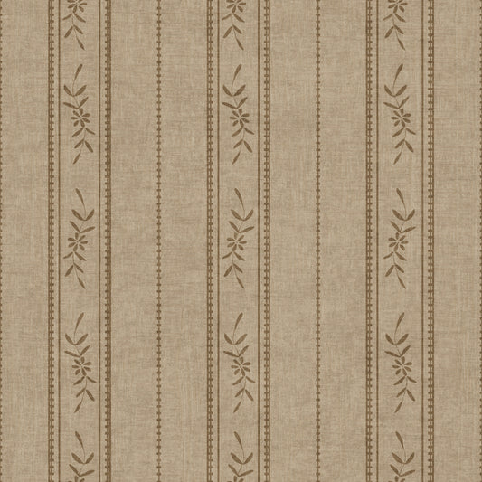 Vintage Ticking Stripe Vertical Linen With Floral Decor Umber Brown Wallpaper⁠