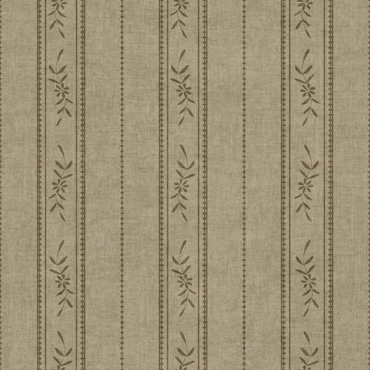 Vintage Ticking Stripe Vertical Linen with Floral Decor Taupe Grey Wallpaper⁠