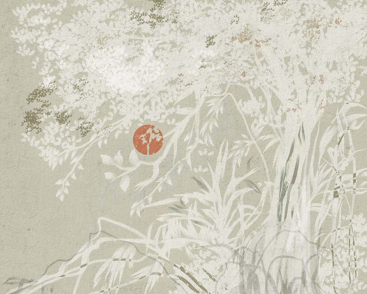 Spokojny japoński orientalny krajobraz botaniczny z czerwonym księżycem - mural ścienny