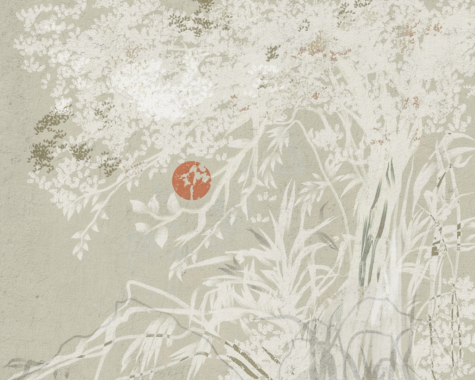 Spokojny japoński orientalny krajobraz botaniczny z czerwonym księżycem - mural ścienny in your room — zoomed