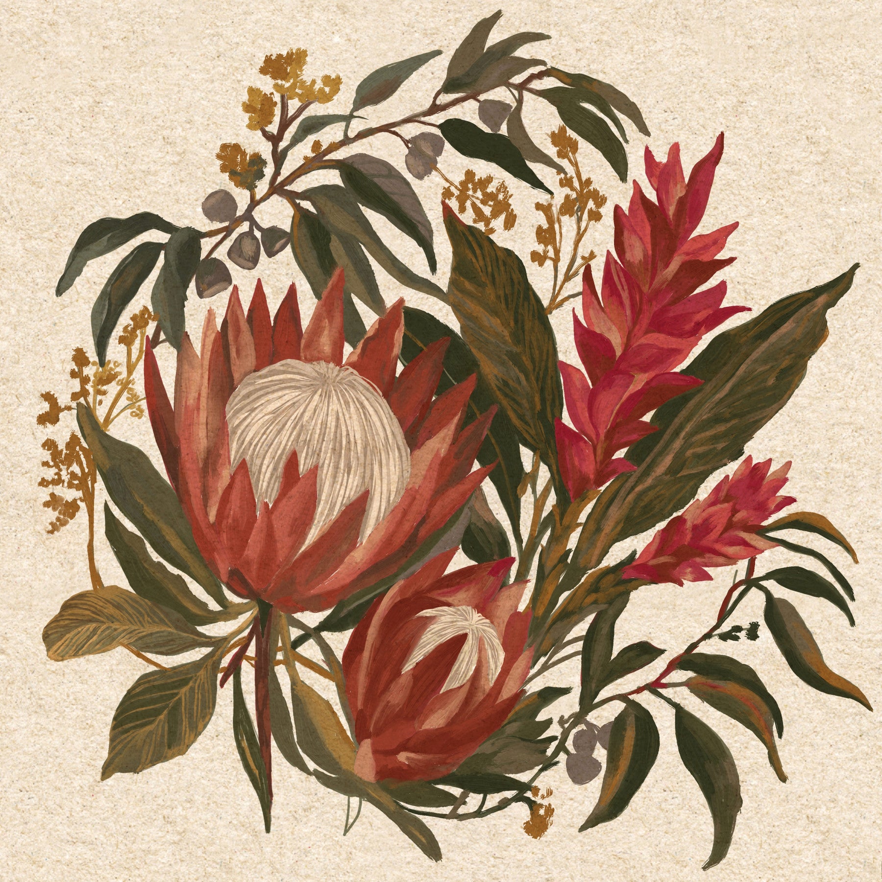 Living room Exotic Earth Blooms mural with Protea Flowers and Hawaiian Ginger