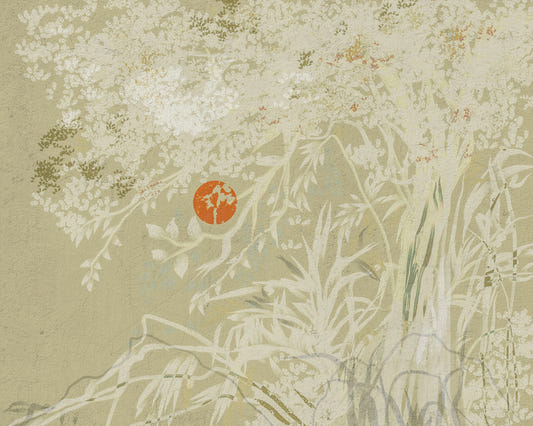 Murale da parete paesaggistico Zen giapponese botanico alba stile Japandi con bianco invecchiato