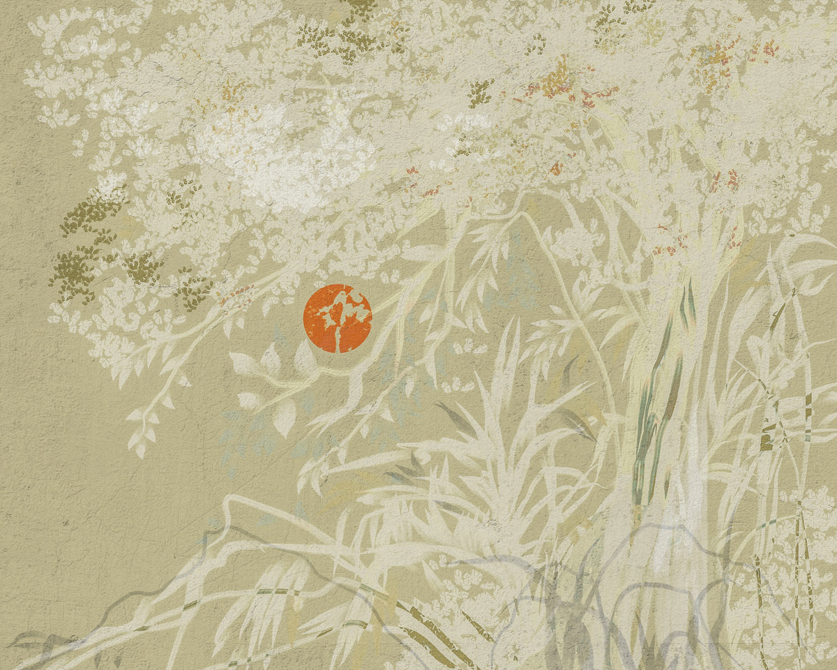 Murale da parete paesaggistico Zen giapponese botanico alba stile Japandi con bianco invecchiato in your room — zoomed