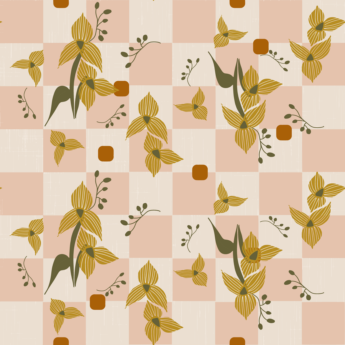 Pink Checker Floral Wallpaper Retro Boho Wallpaper⁠ in your room — zoomed