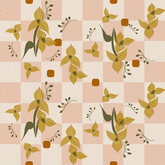 Pink Checker Floral Wallpaper Retro Boho Wallpaper⁠