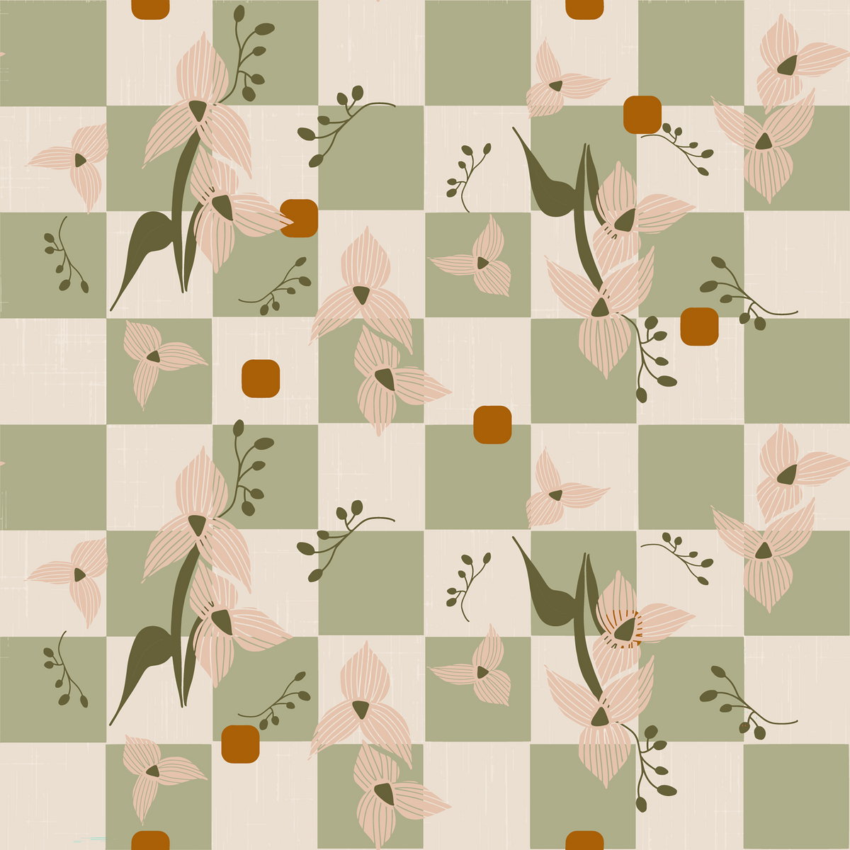 Sage Checker kukkainen tapetti Retro Boho -tapetti in your room — zoomed