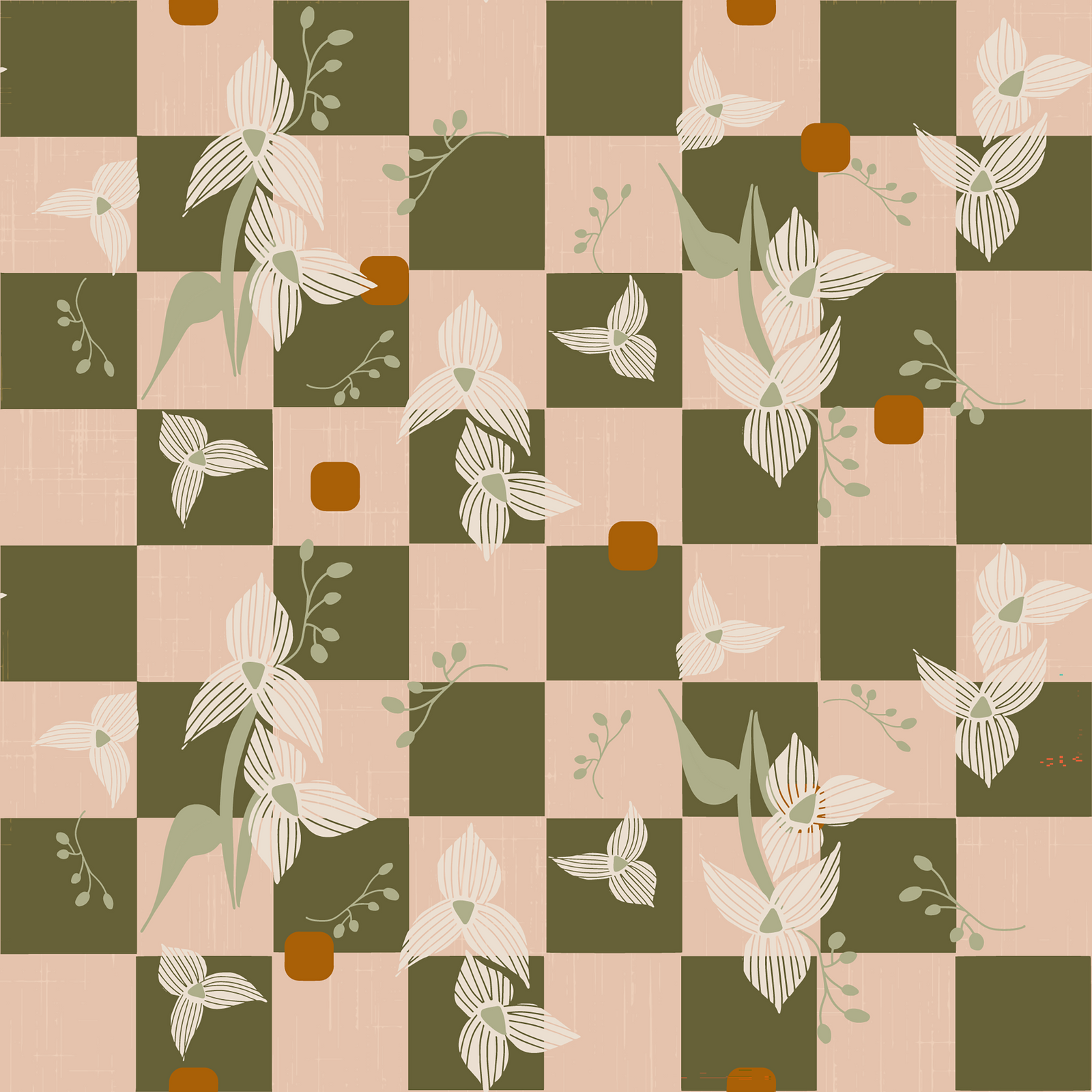 Olive Checker Floral Wallpaper Retro Boho Wallpaper⁠