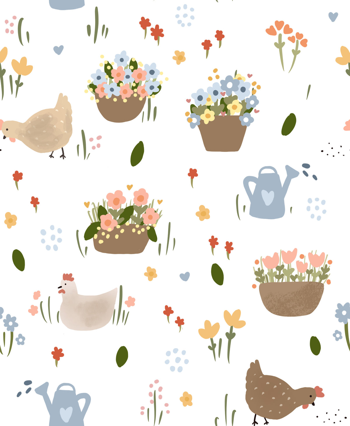 Verspielte Henne & Blumen Patch Tapete in your room — zoomed