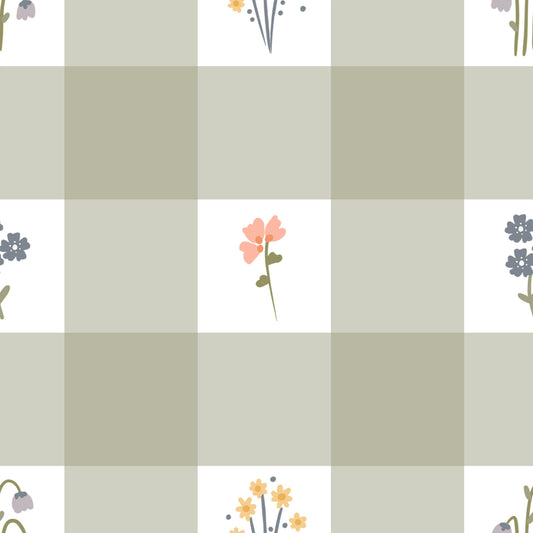 Carta da parati floreale a quadretti Gingham