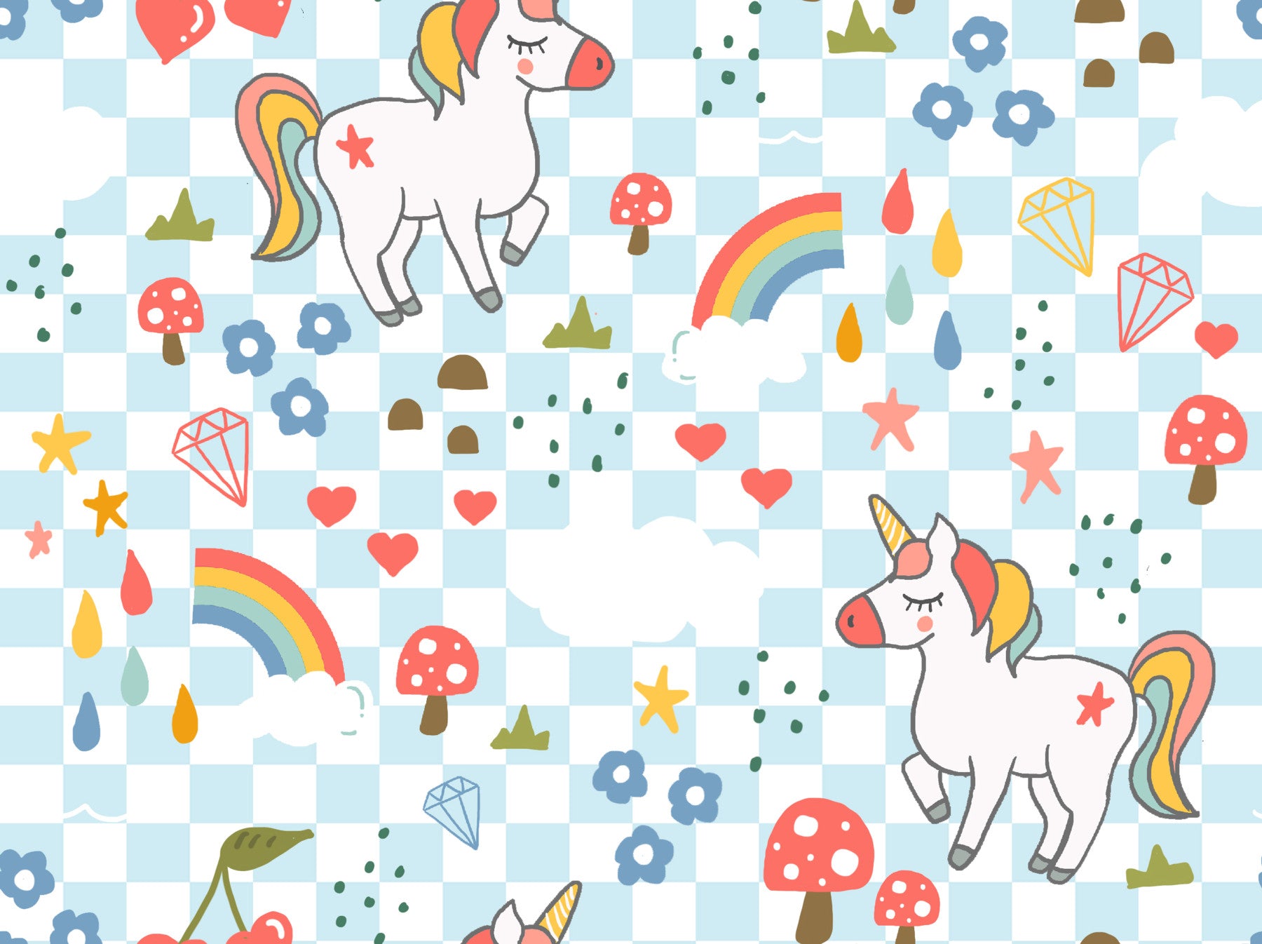 Checkerboard Unicorn Dreams wallpaper toddler bed in a kids' room