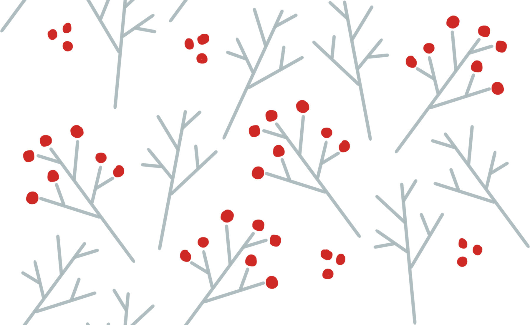 Living room in Scandi Berry Branches wallpaper, gray twigs with small red dots.