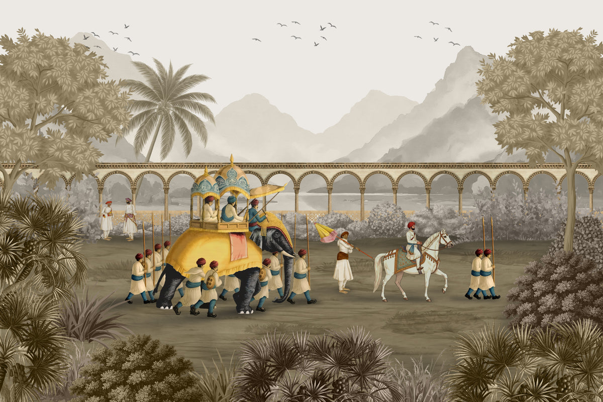Mughal-Pracht: Das Elefantenprozessions-Wandbild in your room