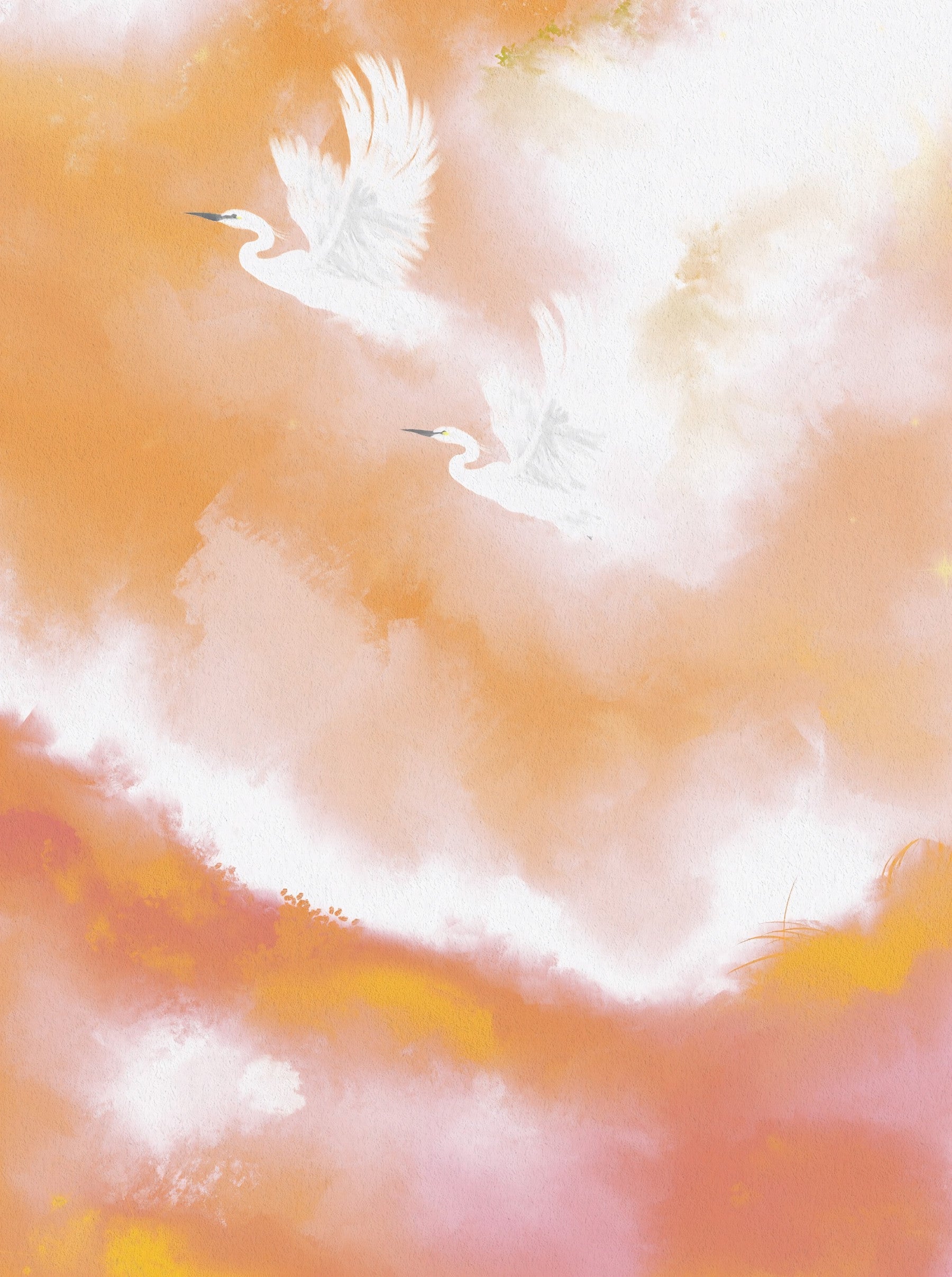 Dining room with two herons flying over a peach watercolour wall mural