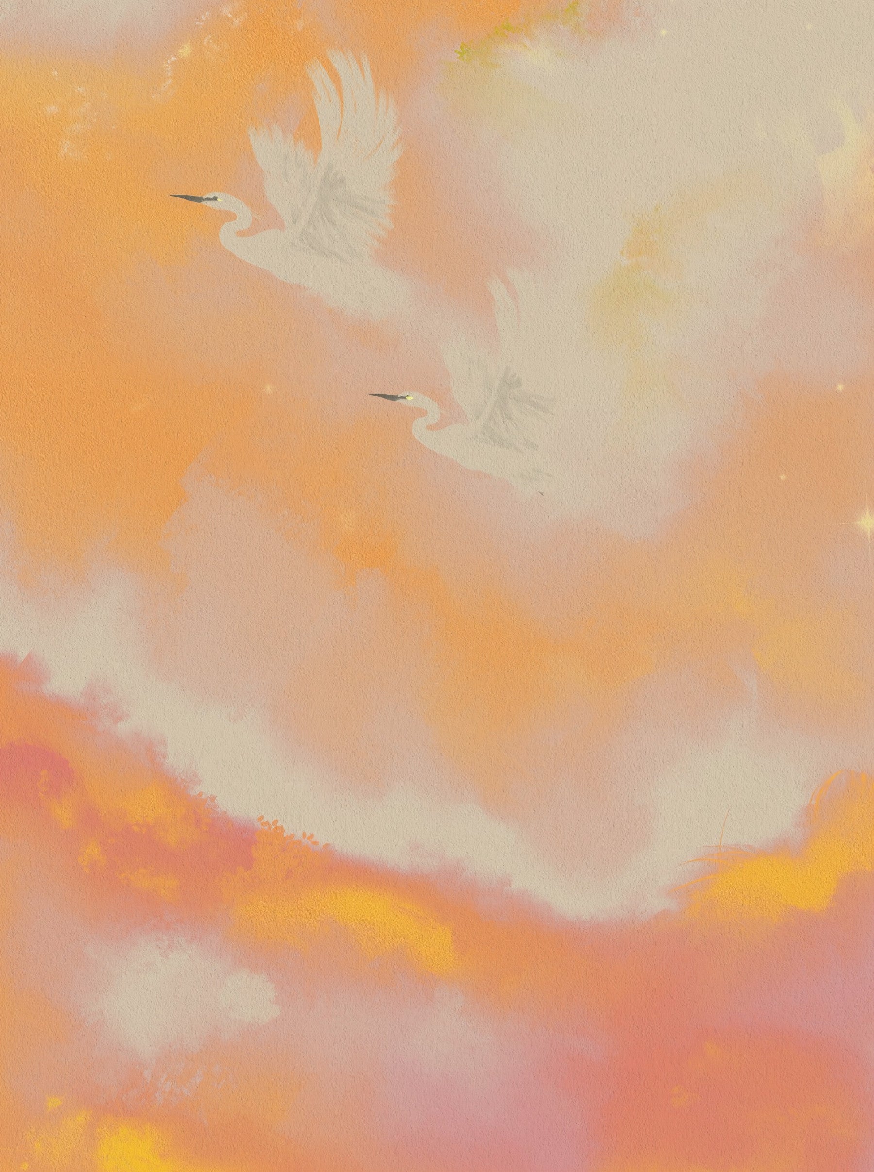 Rêves Envolés aux Teintes de Coucher de Soleil Fresque Murale Oiseaux Aquarelle Pêche