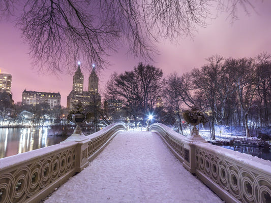 Bow Bridge Winter: Central Park's Pink Dusk Wall Mural