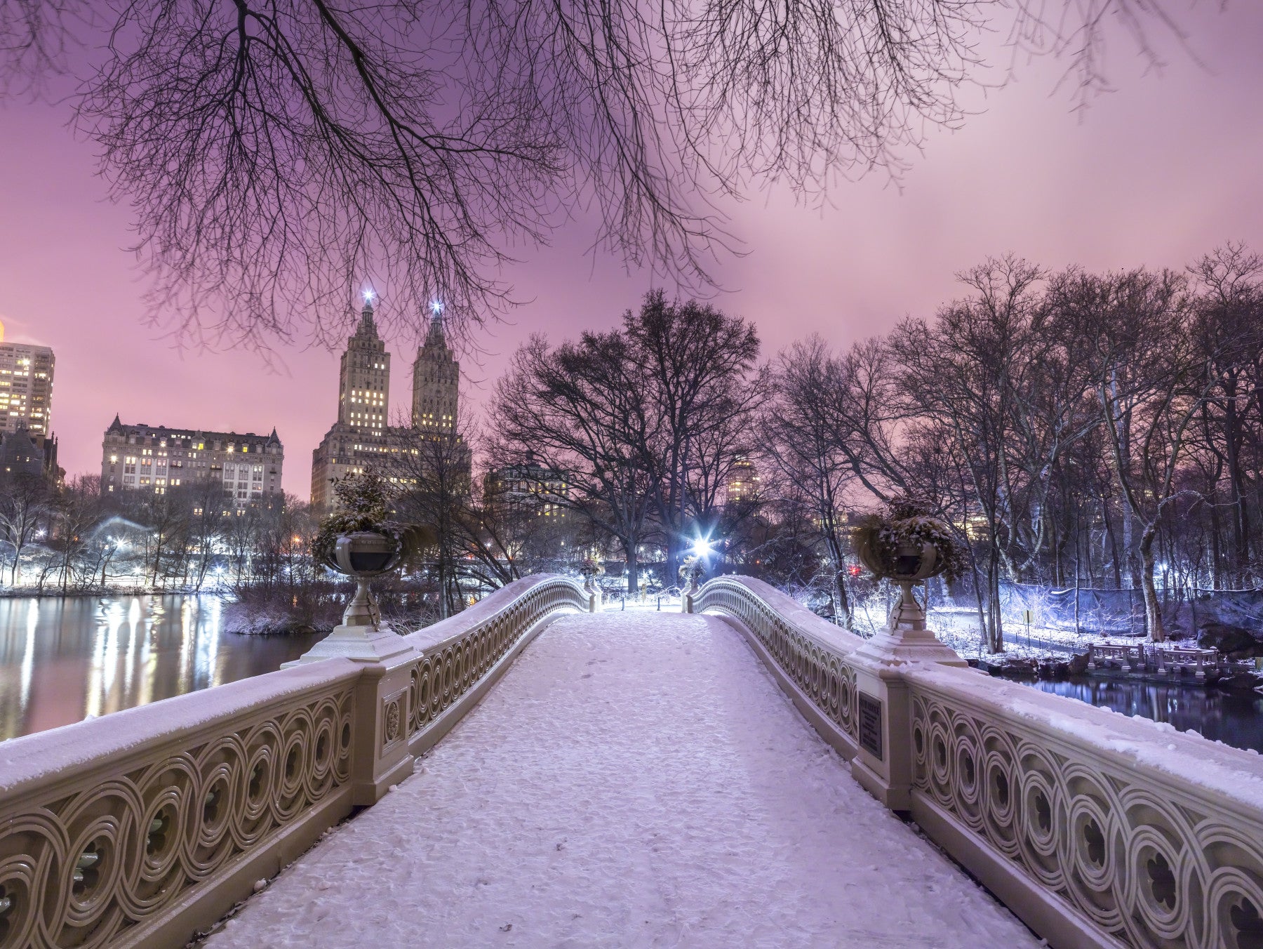 Ponte Bow Inverno: Mural de Parede Pôr-do-Sol Rosa do Central Park