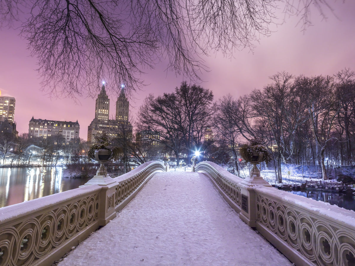 Bow Bridge Winter: Murală de perete Crepuscul roz în Central Park in your room — zoomed
