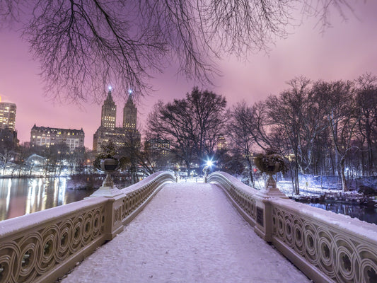Pont Bow en hiver : fresque murale crépuscule rose de Central Park