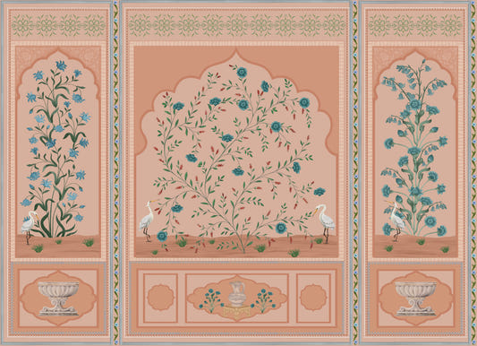 Rauhalliset Mughal-puutarhan paneelit seinämaalaus