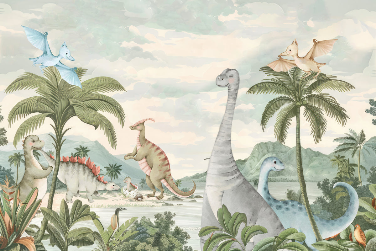 Whimsical Dino World Wall Mural in your room — zoomed