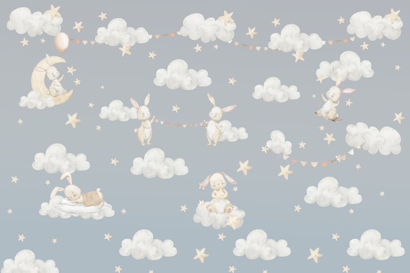 Dreamy Bunnies & Starry Clouds Wall Mural