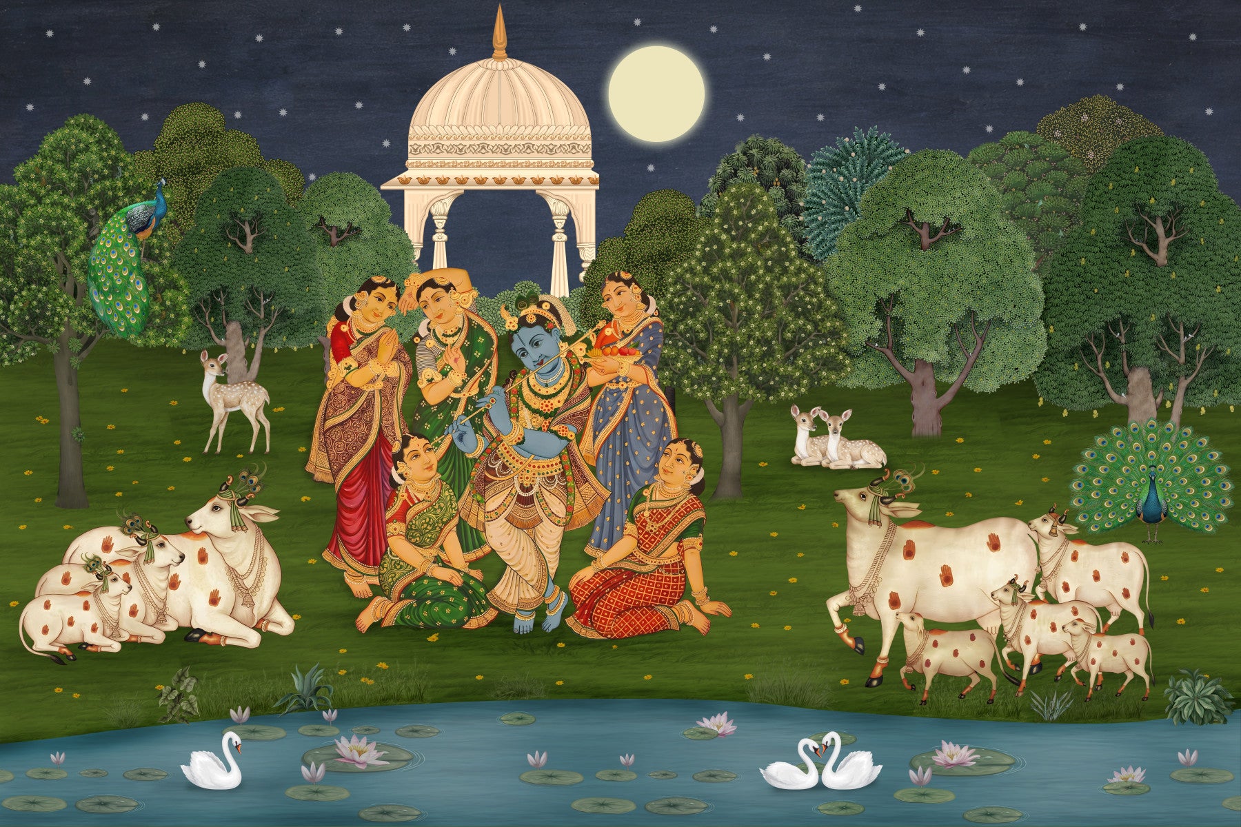 Divine Flute: Vrindavan Måneskin Vægmaleri
