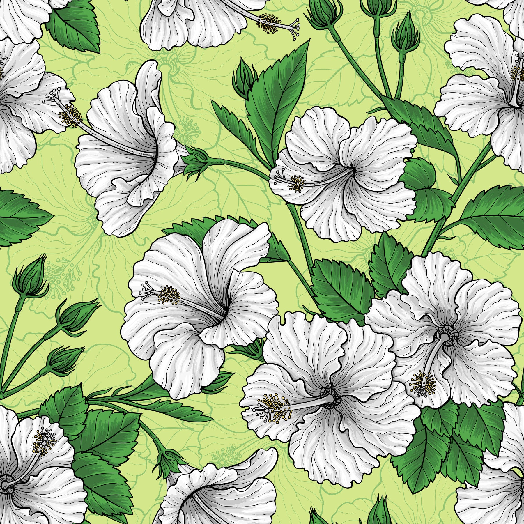 White hibiscus flowers spread across a living room in the Vintage Hibiscus wallpaper.