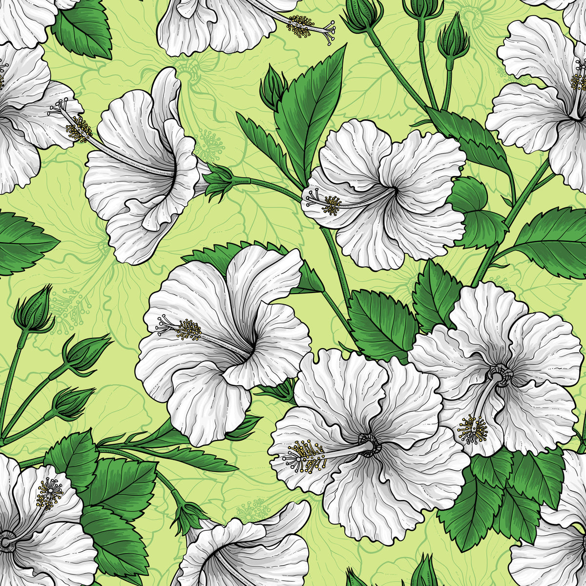 Papel pintado con patrón floral botánico de hibisco vintage, tropical hawaiano, aloha, jardín de verano in your room — zoomed