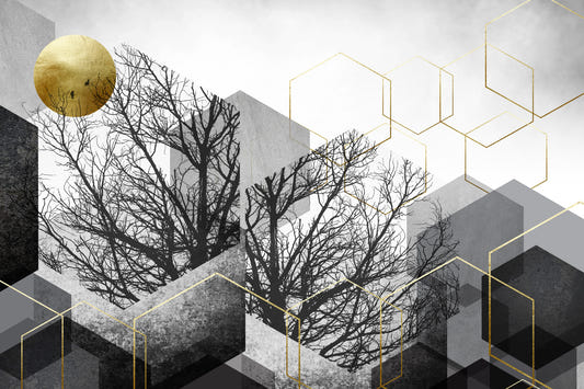 Geometria Dorata: Murale da Parete con Silhouette di Foresta Urbana