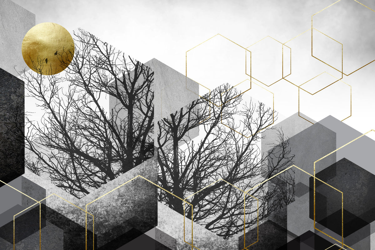 Vergoldete Geometrie: Urban Forest Silhouette Wandbild in your room — zoomed