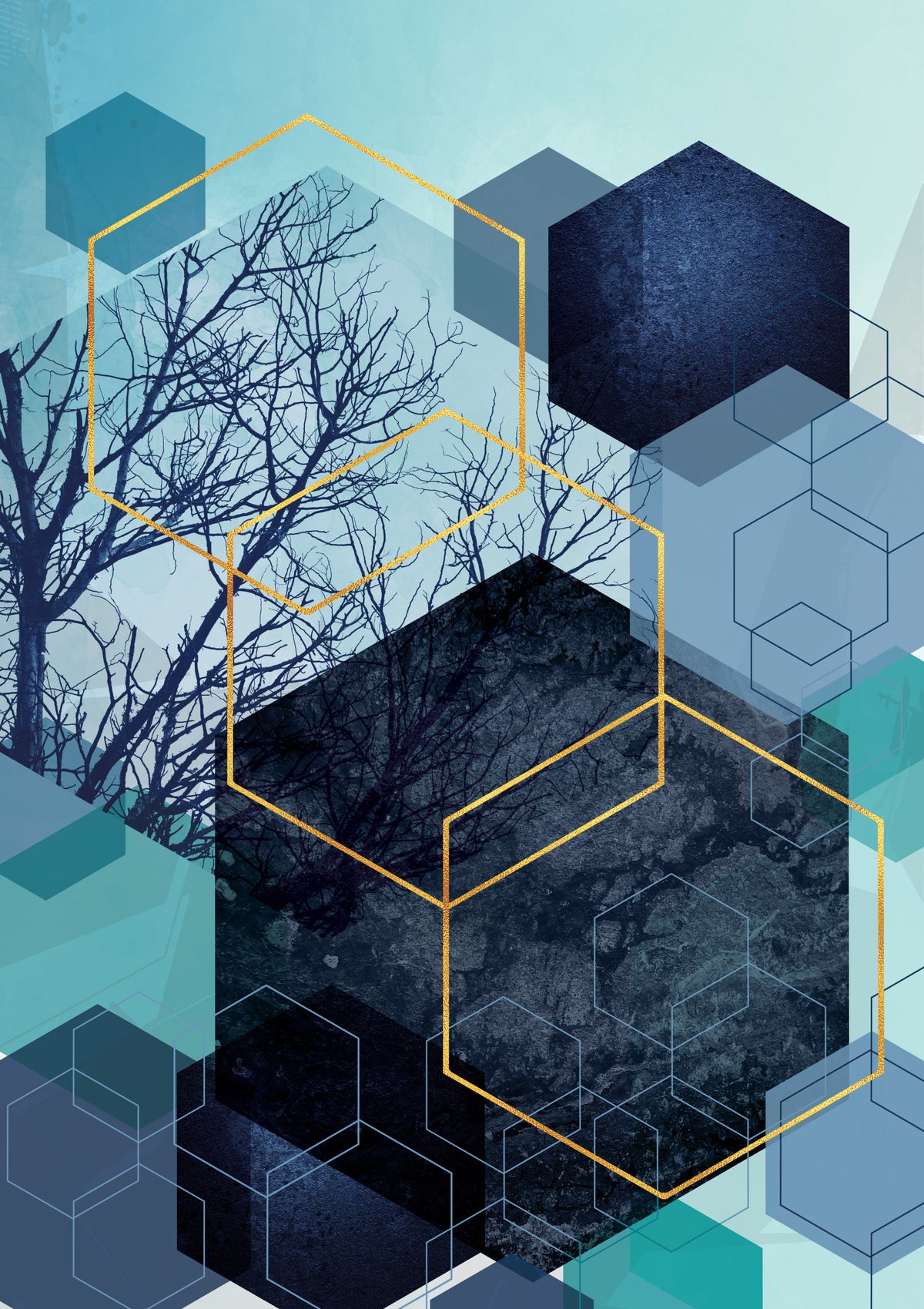 Goldenes Hexagon Natur-Mix Wandbild