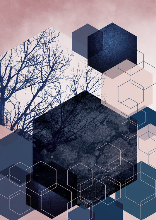 Geometric Grove: Midnight & Blush Muurschildering