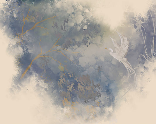 Oiseau volant dans un jardin pastel éthéré - Papier peint mural