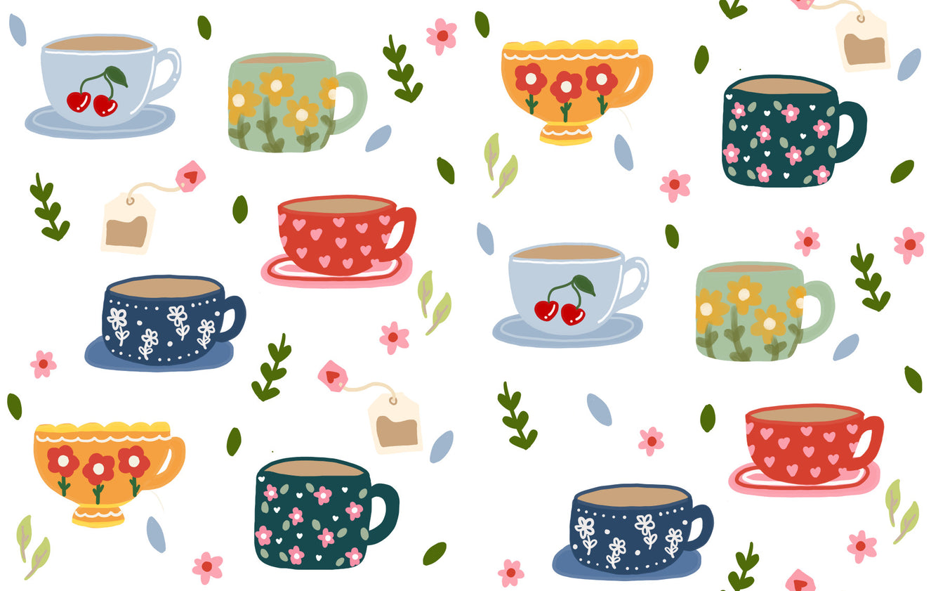 Tapet med kaffekopper og blomster