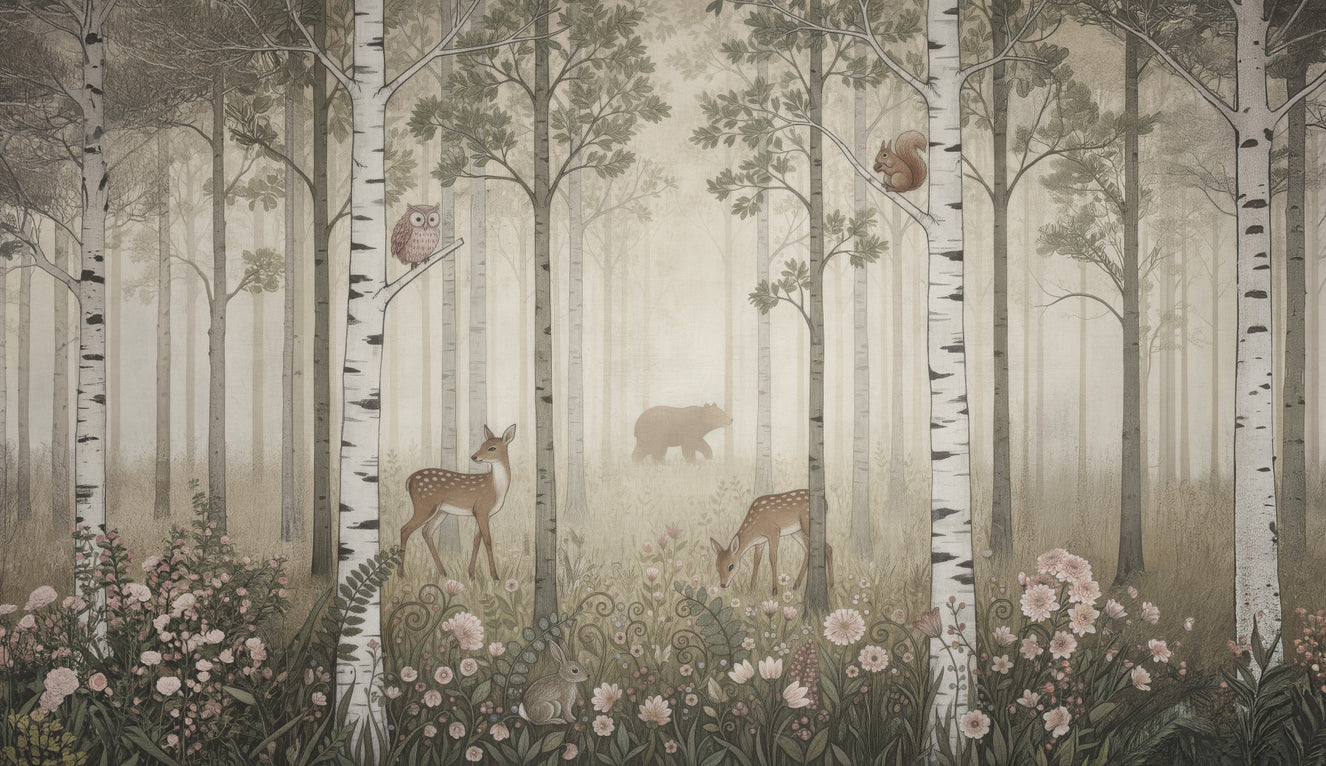 Waldtiere und Wildblumen – Wandbild Nebeliger Tag