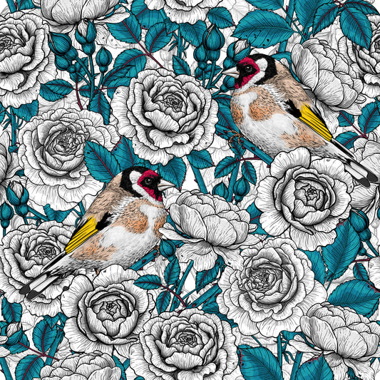 Goldfinch & hvit og blågrønn rosenhage tapet⁠
