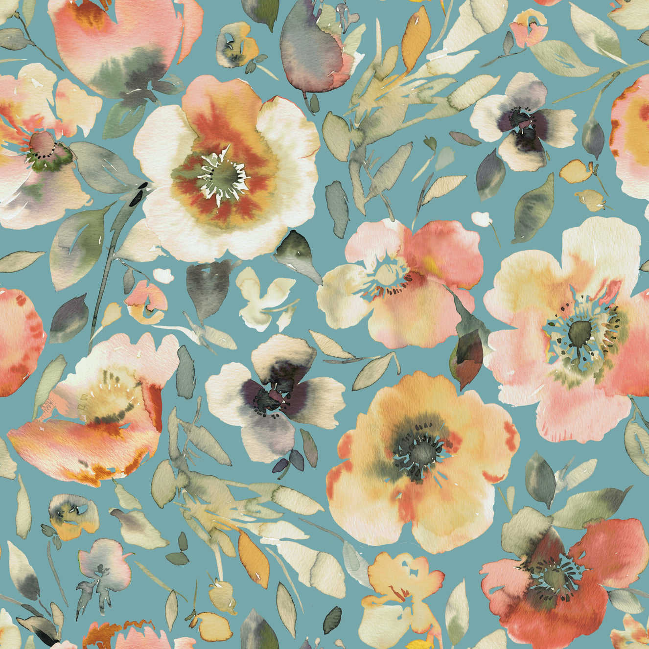 Soft Watercolor Floral Blooms Teal Peach Wallpaper⁠
