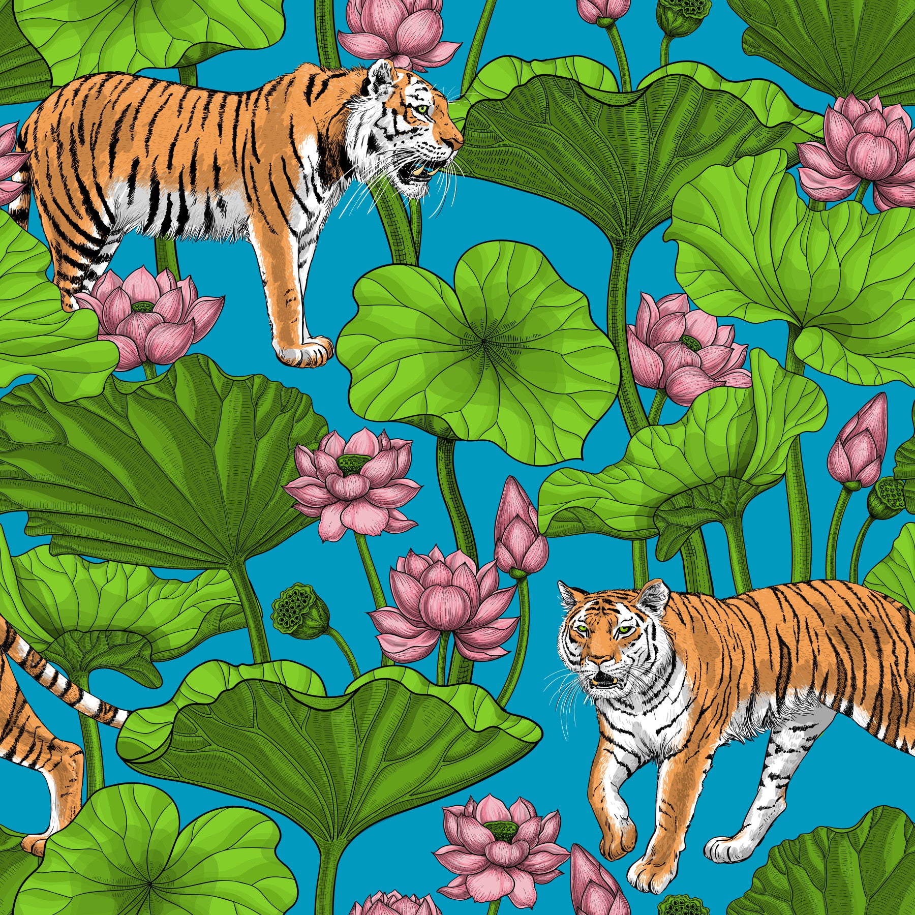 Papier peint Tigres dans l'étang de lotus