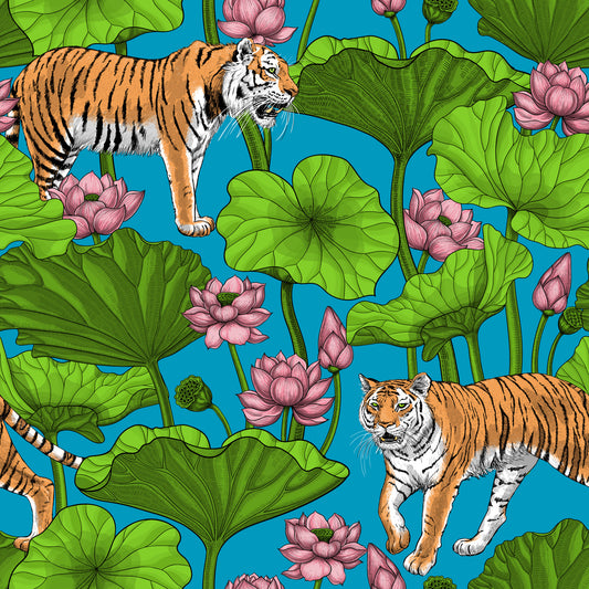 Papier peint Tigres dans l'étang de lotus