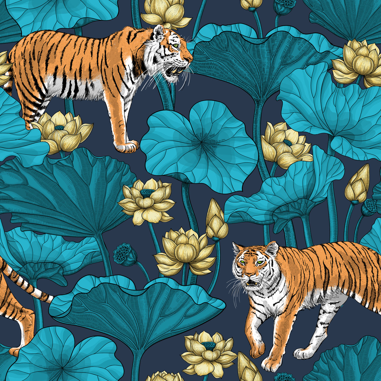 Tiger im Lotus-Teich in Blau und Gelb Tapete⁠