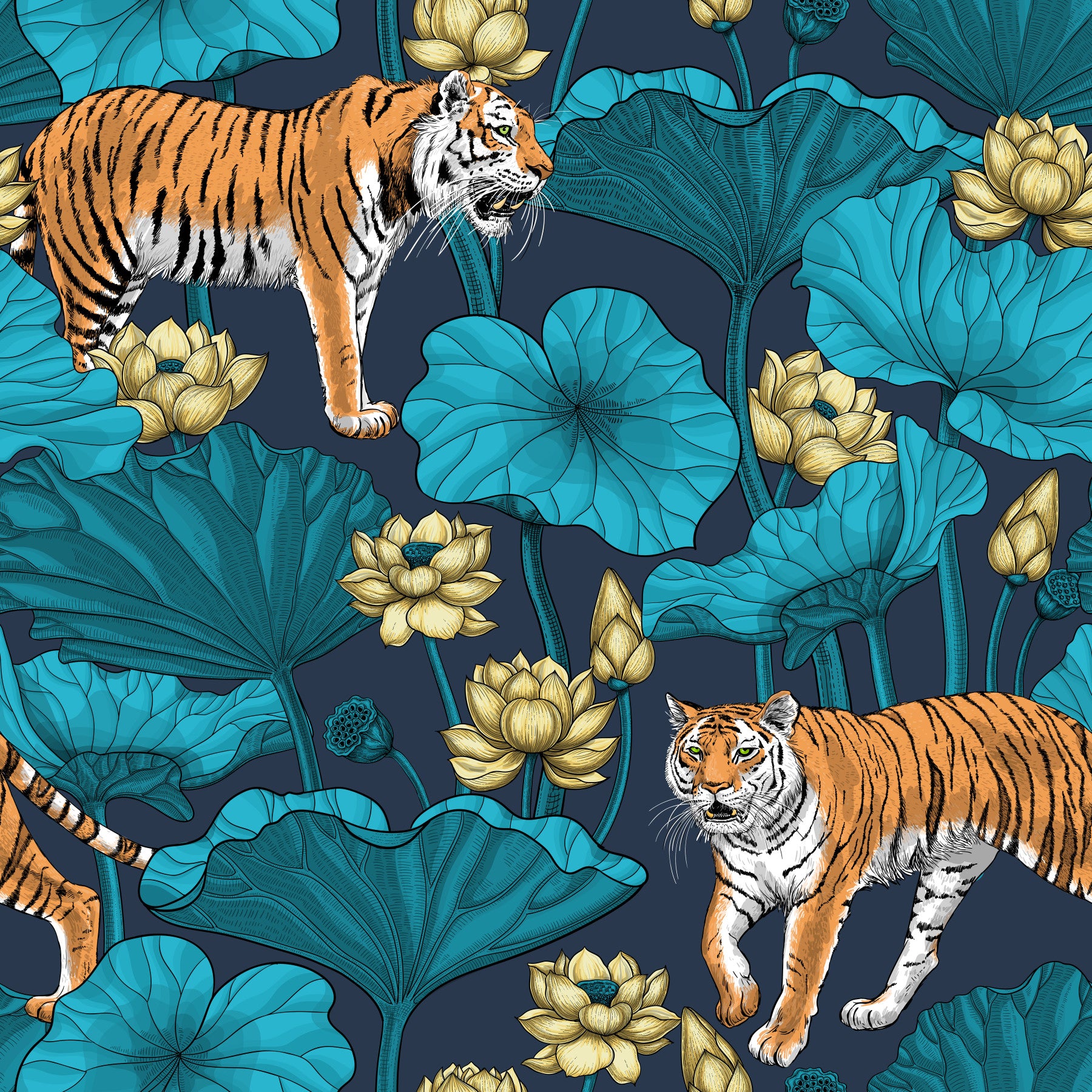 Papel de parede Tigres no lago de lótus em azul e amarelo